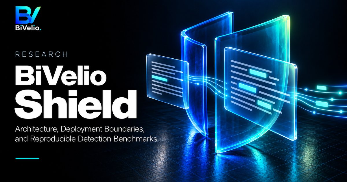 Cover of the BiVelio Shield report, “Architecture, Deployment Boundaries, and Reproducible Detection Benchmarks”: a glass shield that documents pass through, with highlighted fragments replaced. Opens the PDF.